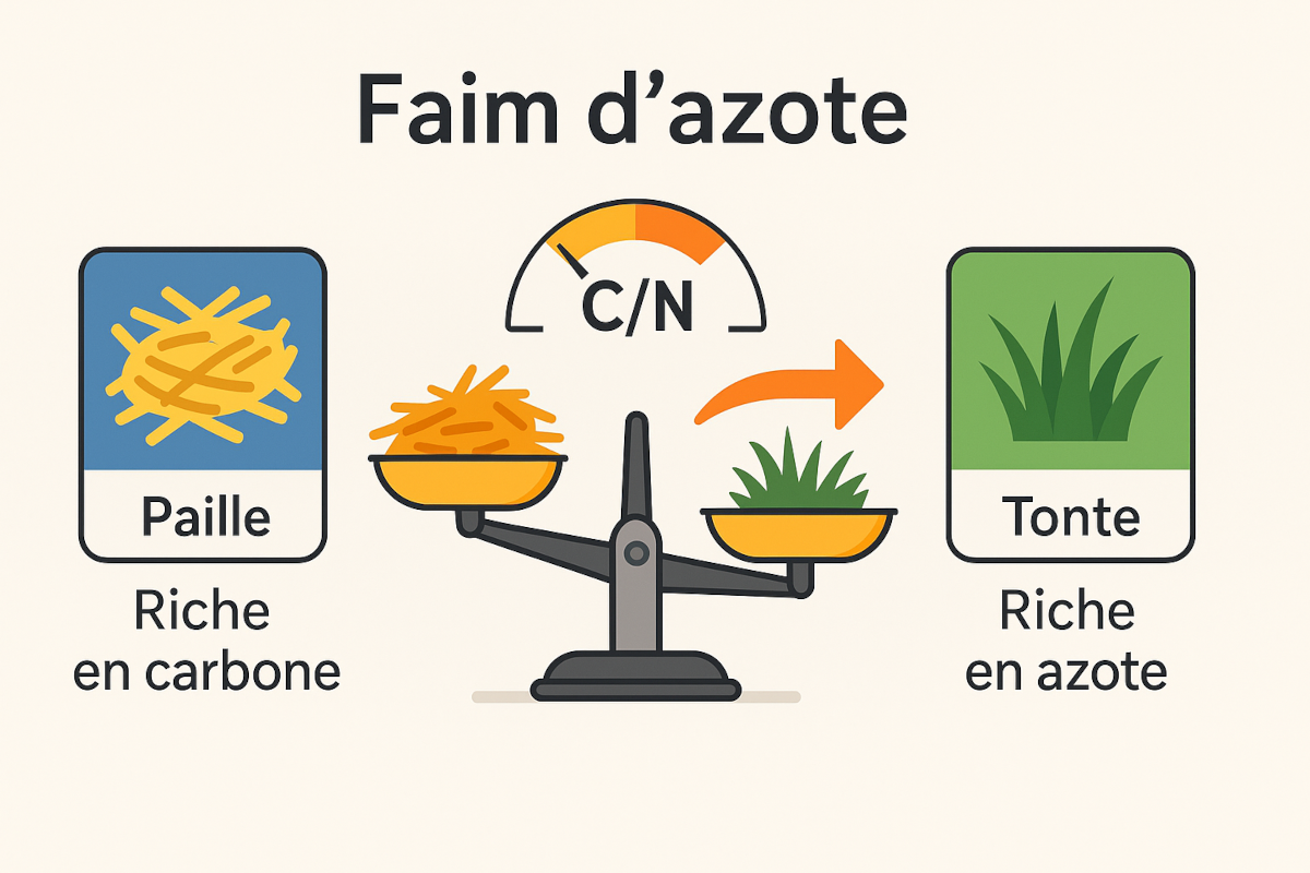 Schéma « Faim d’azote » : paille carbonée vs tonte azotée, balance du rapport C/N