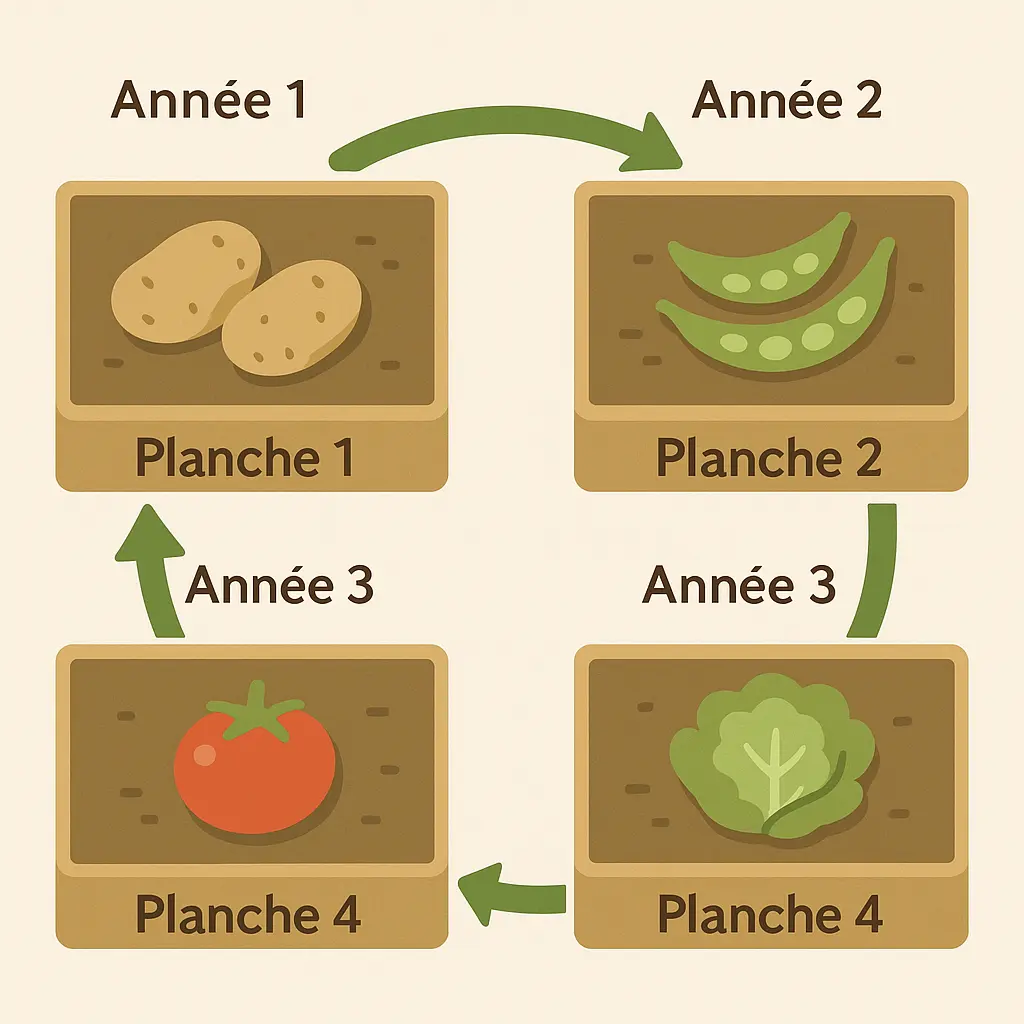 Schéma simplifié de rotation de cultures sur quatre planches